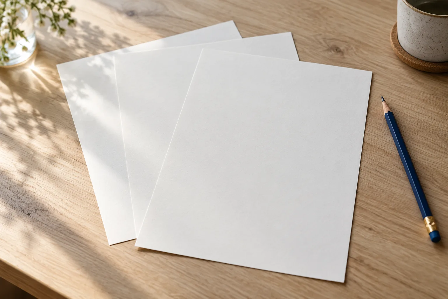 Drei aufgefächerte Briefbögen auf einem hellen Tisch neben einem Bleistift
