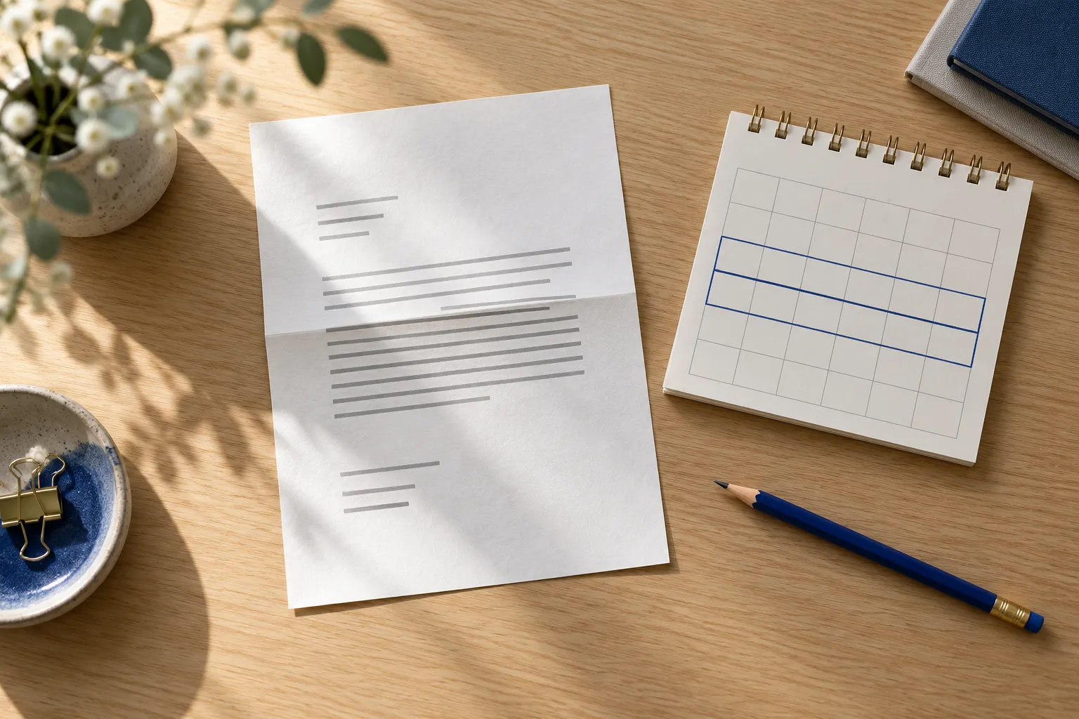 Schreibtisch mit gefaltetem Briefbogen, Kalenderblatt mit zwei markierten Wochen und Bleistift