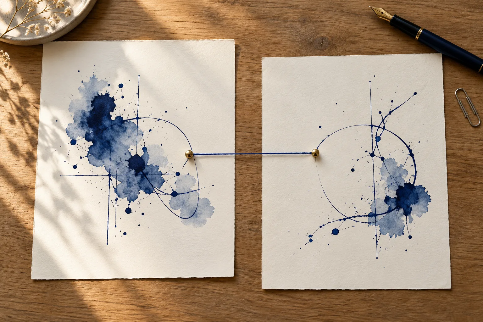 Zwei Papierbögen, durch einen blauen Faden verbunden, daneben handschriftliche Notizen