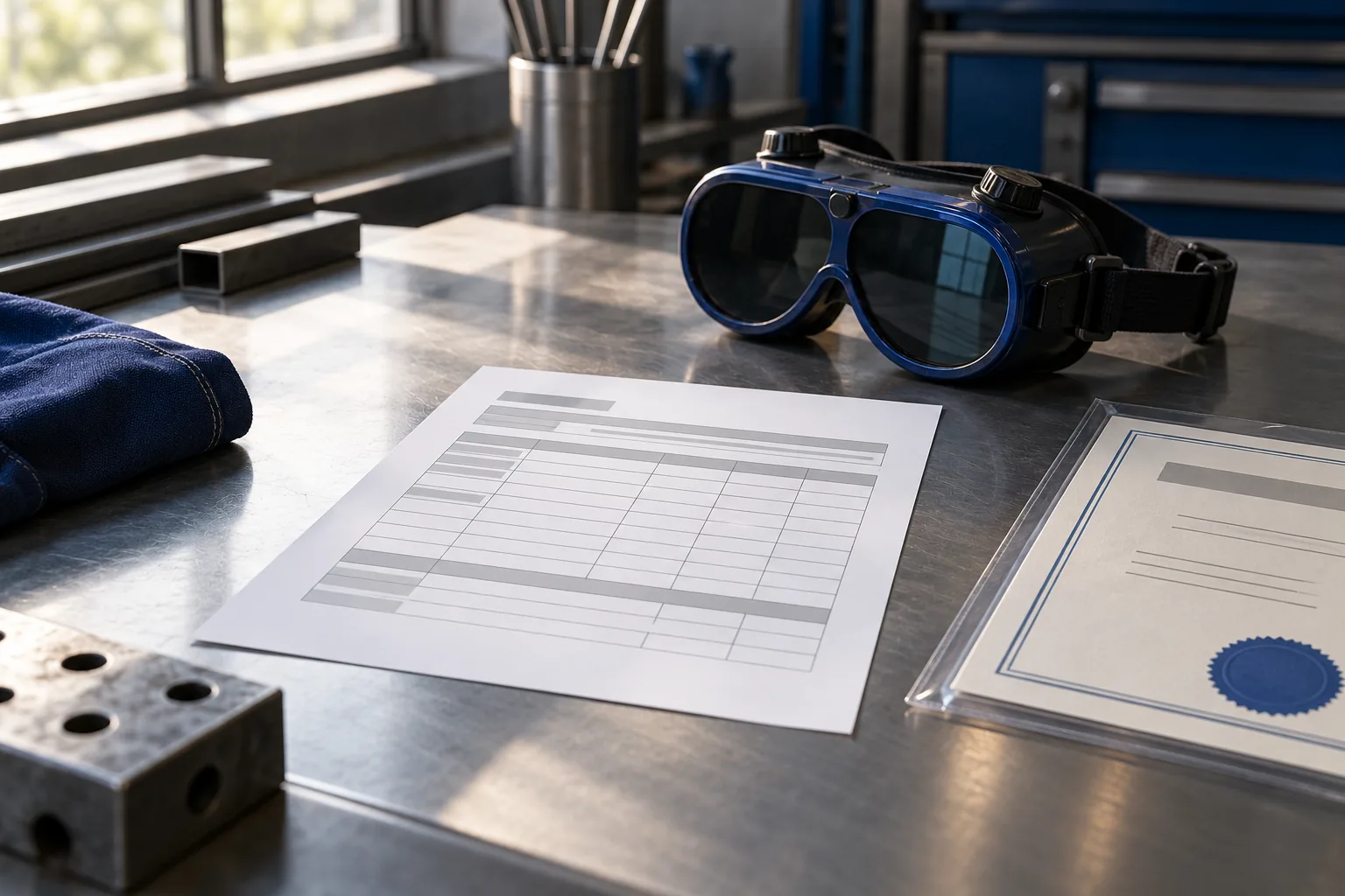 Tabellarischer Lebenslauf auf einer Werkbank neben einer Schweißerbrille und einem Zertifikat in einer Klarsichthülle