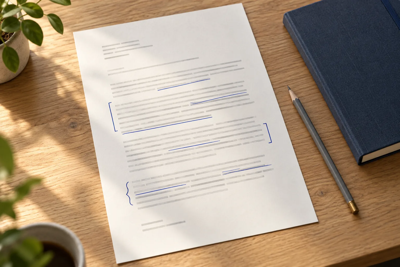 Ausgedrucktes Anschreiben auf einem Schreibtisch, einzelne Sätze mit blauem Stift markiert