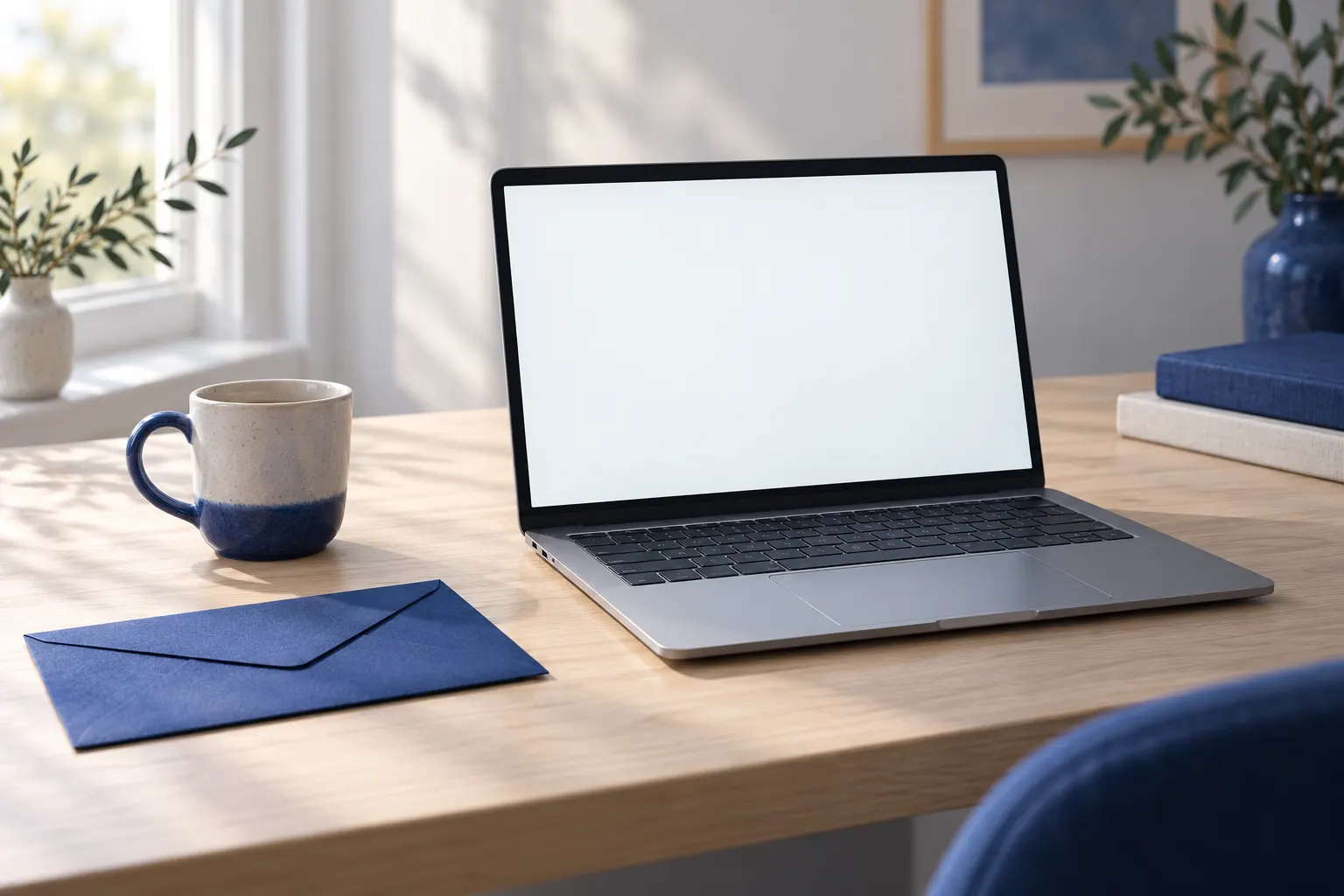Aufgeklappter Laptop auf einem hellen Tisch neben einem Umschlag und einer Tasse