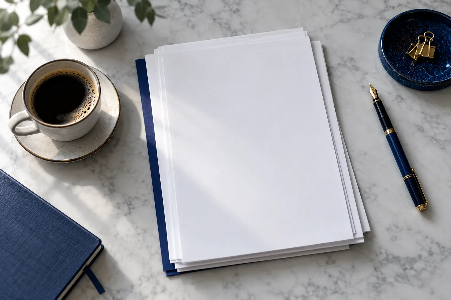 Schreibtisch mit Bewerbungsunterlagen, Stift und Kaffeetasse in ruhigem Licht