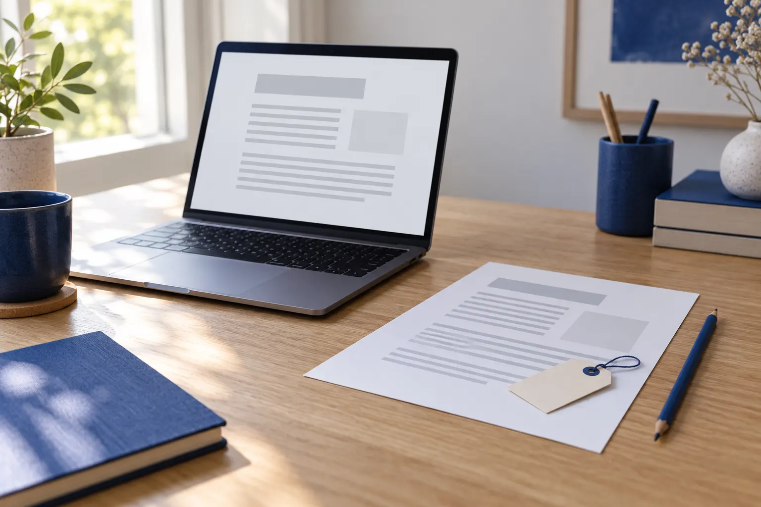 Laptop mit leerem Dokument neben einem ausgedruckten Blatt mit unbeschriftetem Preisschild auf einem hellen Schreibtisch