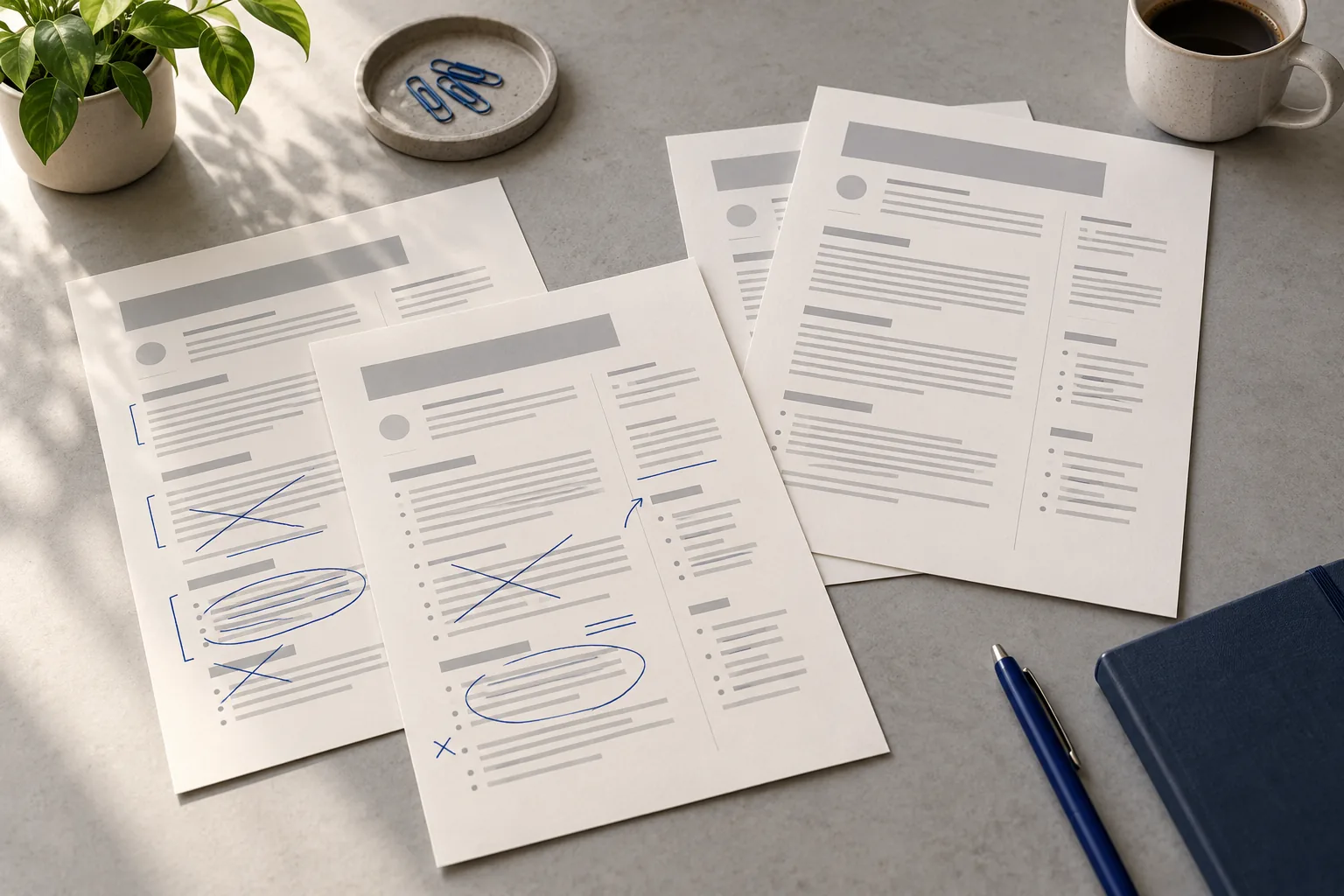Vier Papierseiten eines Lebenslaufs, zwei davon mit blauem Stift durchgestrichen, daneben zwei saubere Blätter