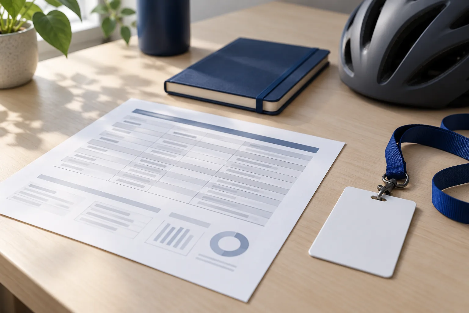 Tabellarischer Lebenslauf auf einem Schreibtisch neben einem Studentenausweis, einem Notizbuch und einem Fahrradhelm