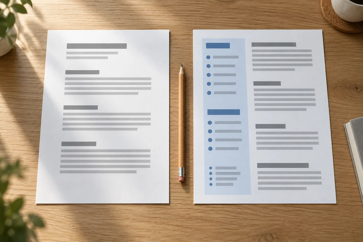 Zwei leere Blätter mit einspaltigem und zweispaltigem Layout nebeneinander auf einem hellen Schreibtisch