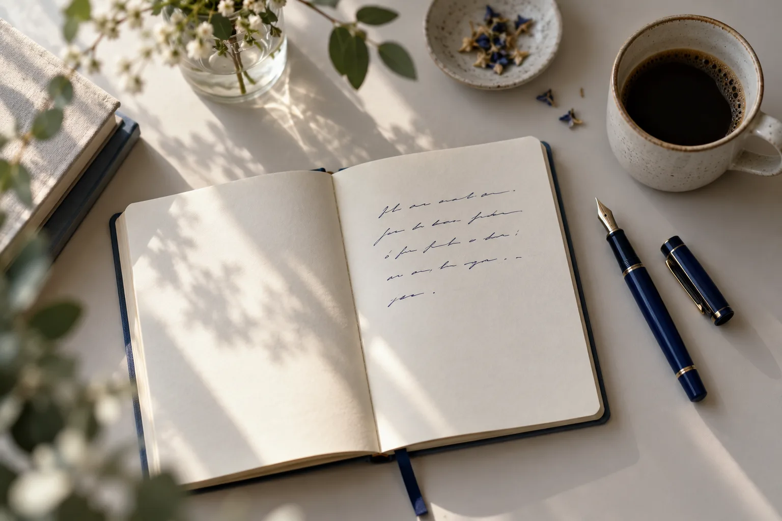 Offenes Notizbuch mit Stift neben einer Tasse auf einem hellen Schreibtisch